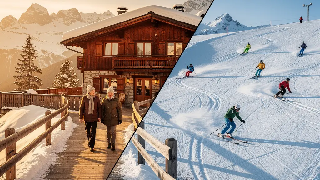 Chalet de montagne avec chemin piéton déneigé d'un côté et piste de ski de l'autre