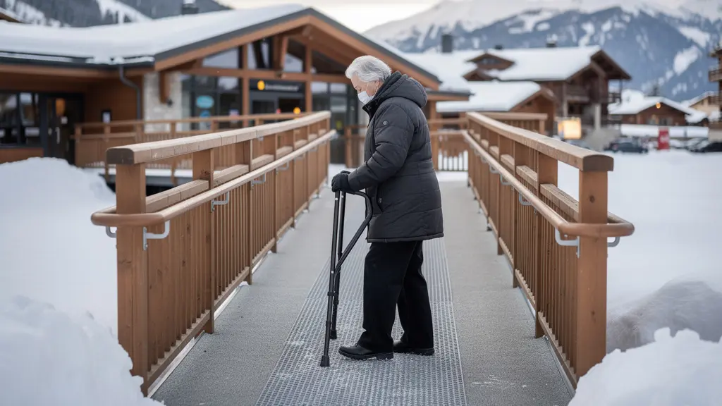Vue latérale d'un cheminement d'accès en pente douce vers un hébergement de montagne adapté