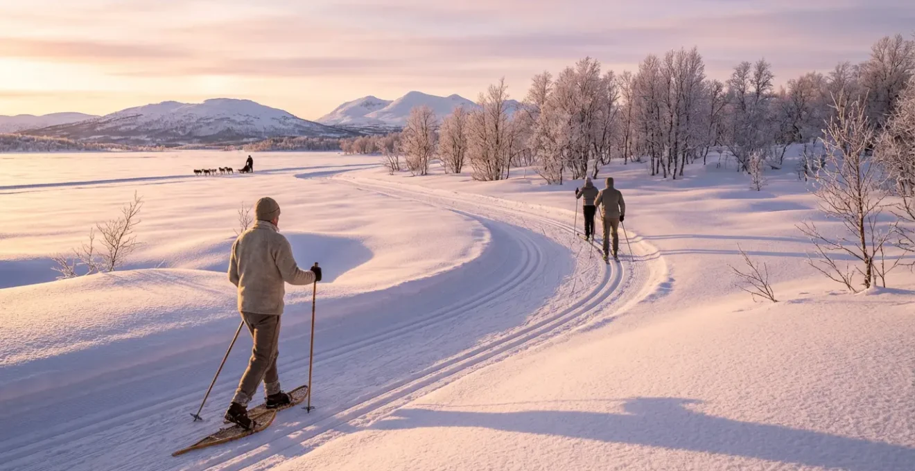 Vue panoramique d'un groupe pratiquant différentes activités nordiques sur une piste enneigée entourée de sapins