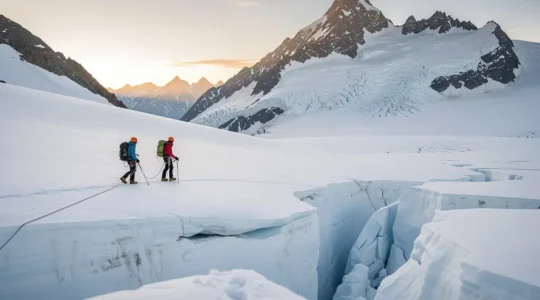 Alpinistes progressant sur un glacier avec crampons et piolets dans les Alpes