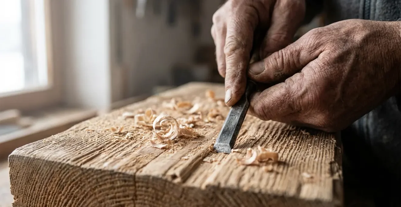 Atelier d'artisan en montagne avec objets en bois sculpté sans marques visibles