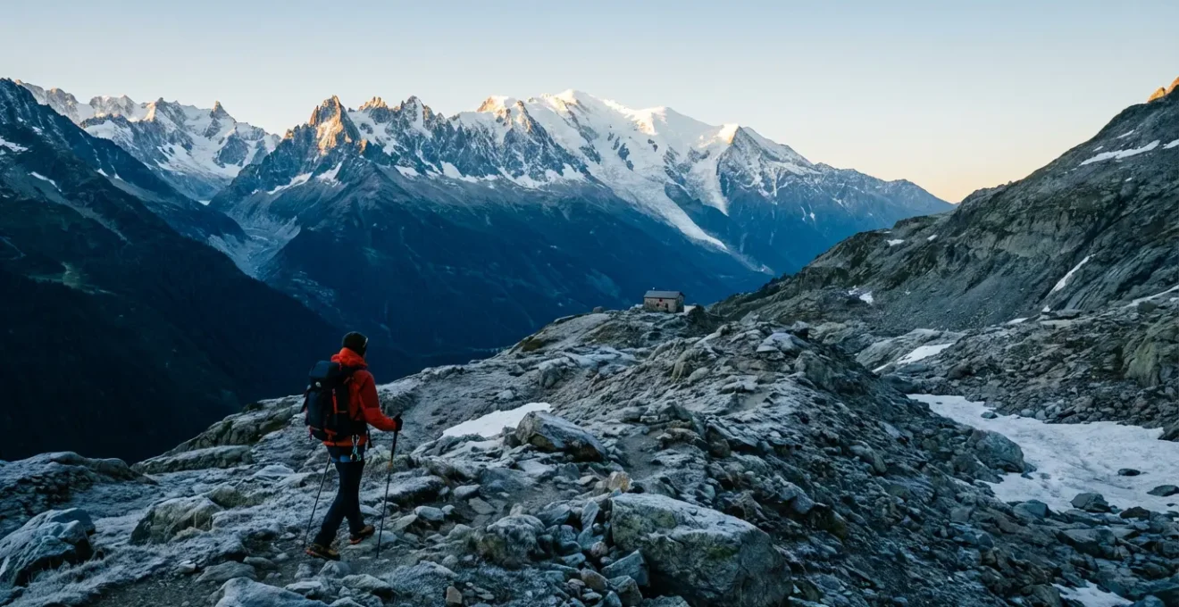 Alpiniste débutant contemplant le Mont Blanc depuis un sentier d'approche, avec équipement de montagne et carte topographique