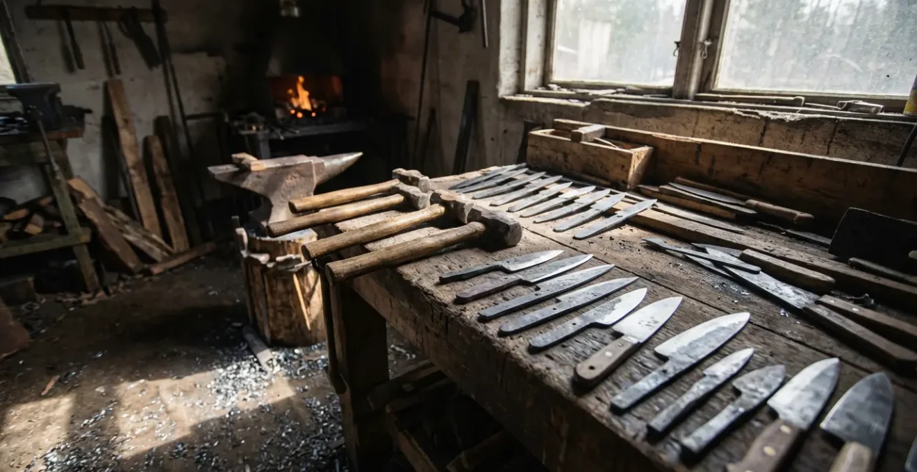 Vue d'ensemble d'un atelier de coutellerie avec outils traditionnels et lames en cours de fabrication