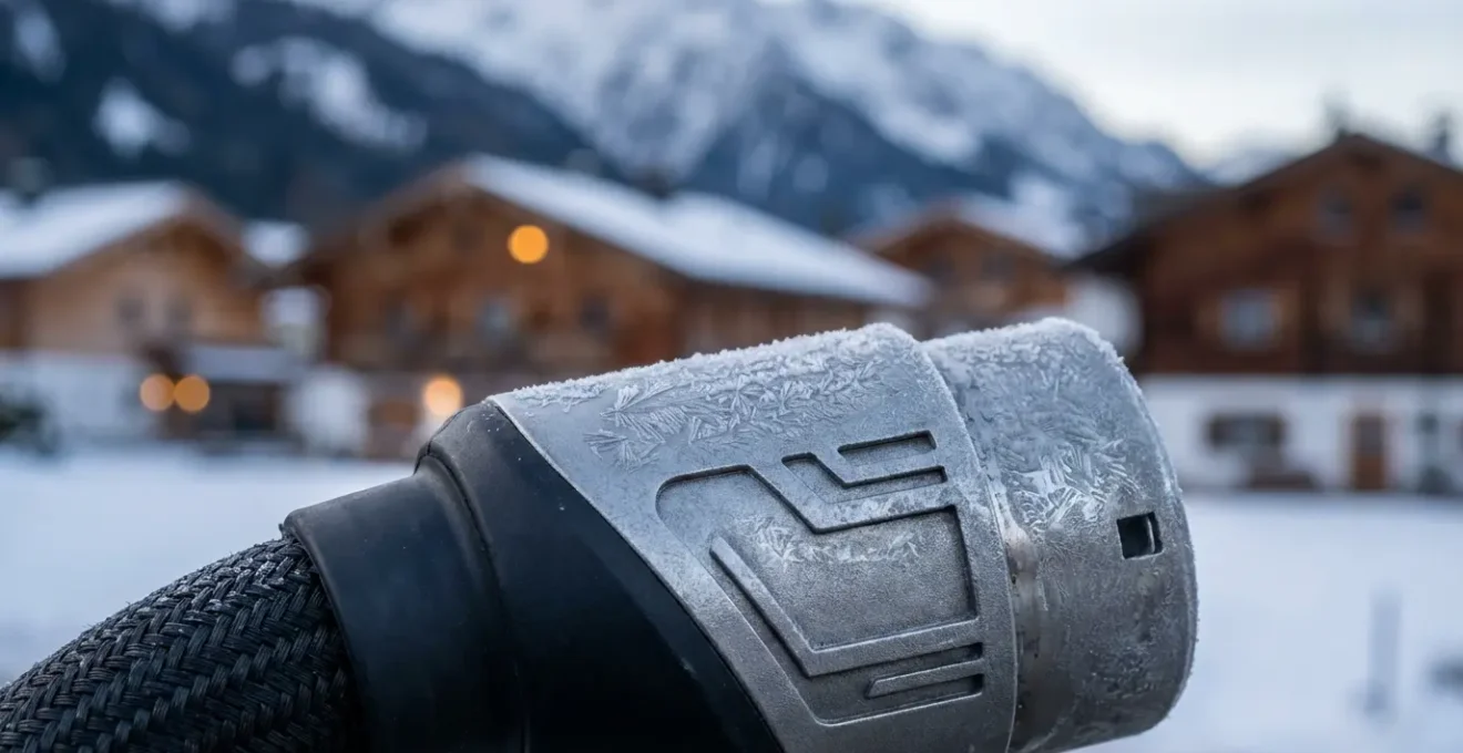 Station de recharge électrique dans un village de la vallée de Tarentaise avec montagnes en arrière-plan