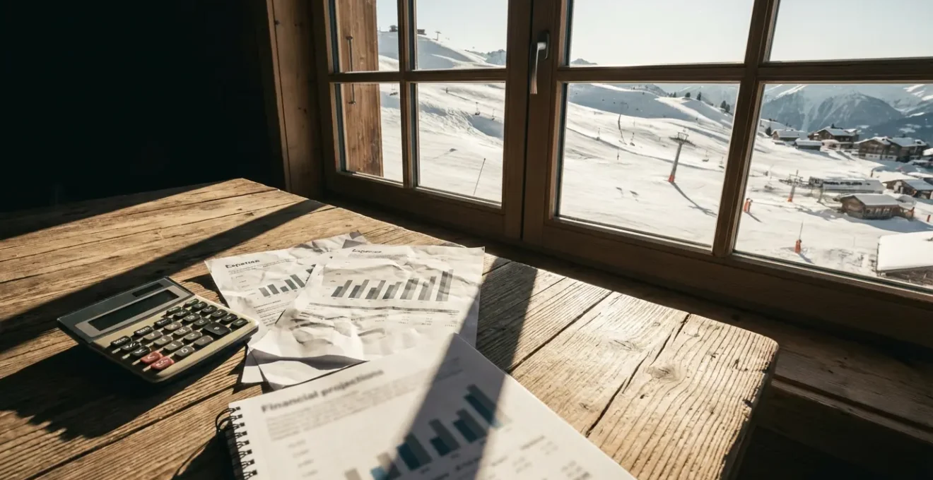 Calculatrice et documents financiers posés sur une table en bois avec vue montagne enneigée en arrière-plan