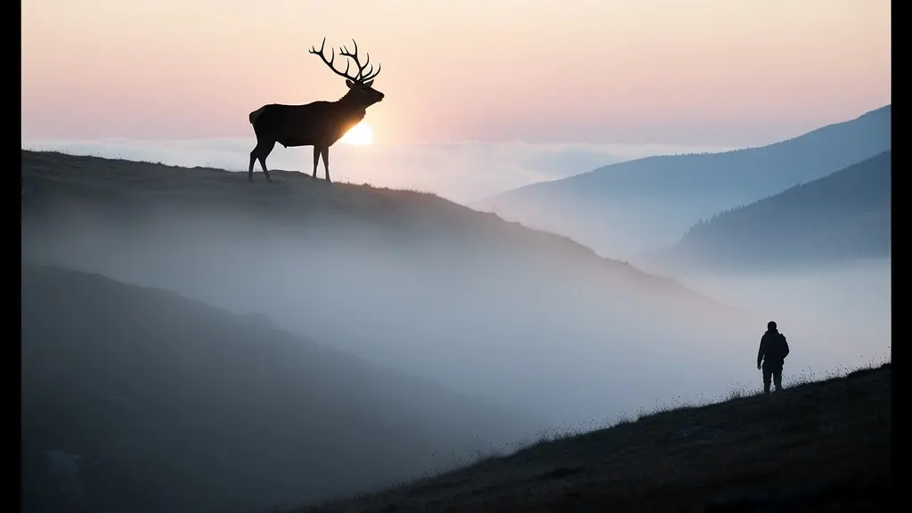Silhouette majestueuse d'un cerf dans la brume matinale des montagnes