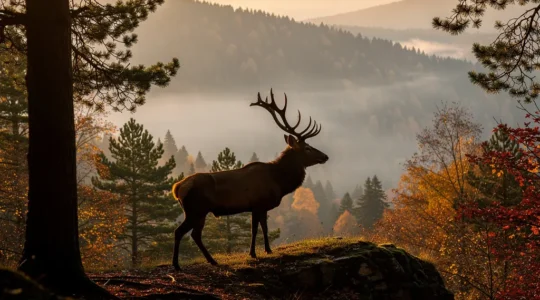 Cerf majestueux dans une forêt de montagne au crépuscule automnal avec brume mystérieuse