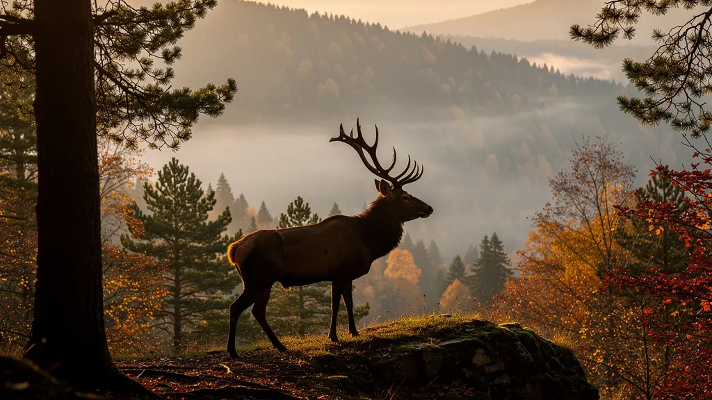Cerf majestueux dans une forêt de montagne au crépuscule automnal avec brume mystérieuse