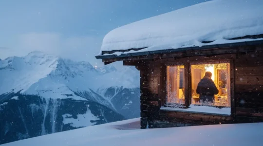 Chalet montagnard enneigé avec fenêtres illuminées dans la nuit du 24 décembre