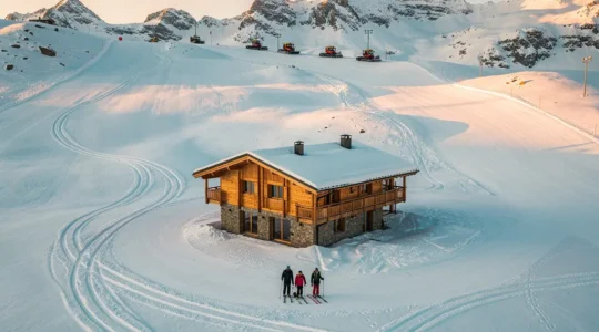 Vue aérienne d'un chalet en bord de piste avec skieurs et dameuses en arrière-plan