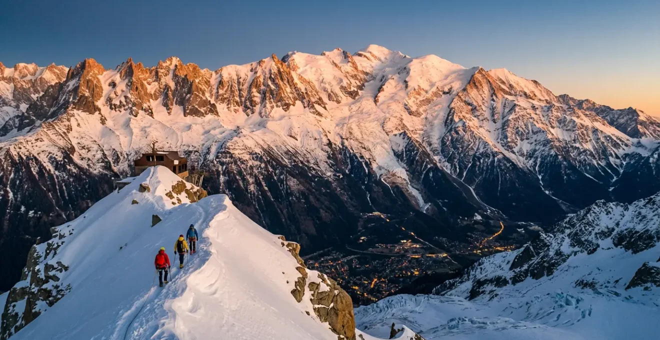 Vue aérienne de Chamonix avec des alpinistes en cordée sur les crêtes de l'Aiguille du Midi au coucher du soleil