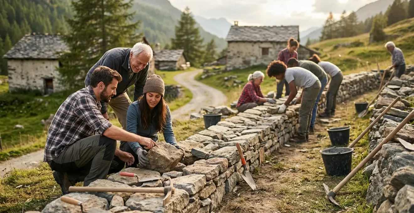 Vue large d'un groupe de bénévoles travaillant sur un chantier de restauration de mur en pierre