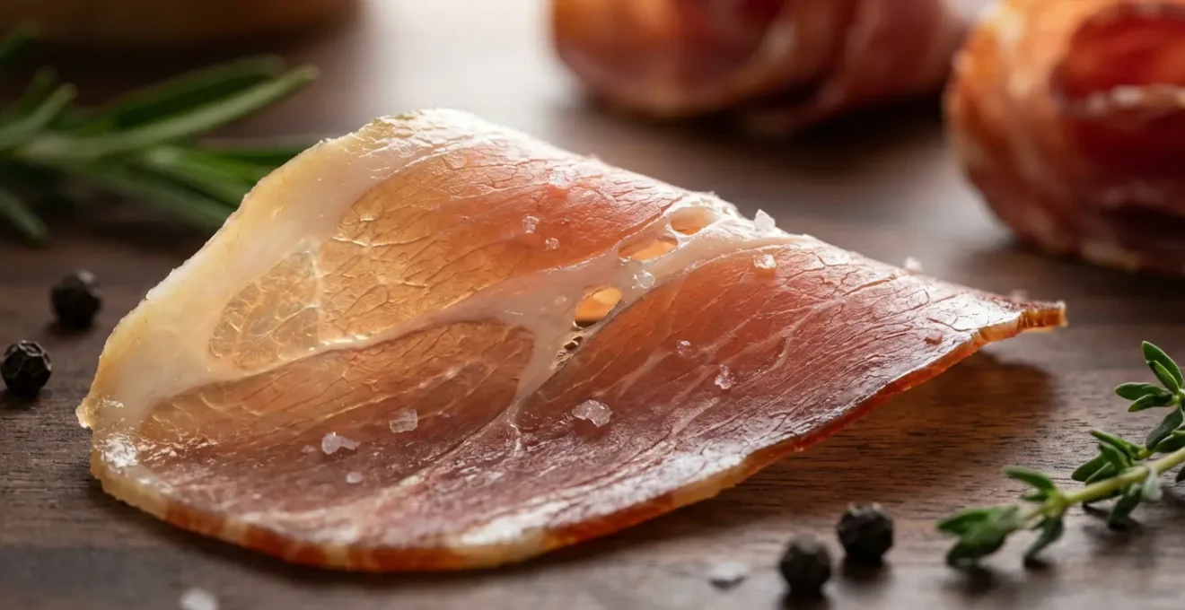 Plateau de charcuterie artisanale disposée en chiffonnade avec gras translucide