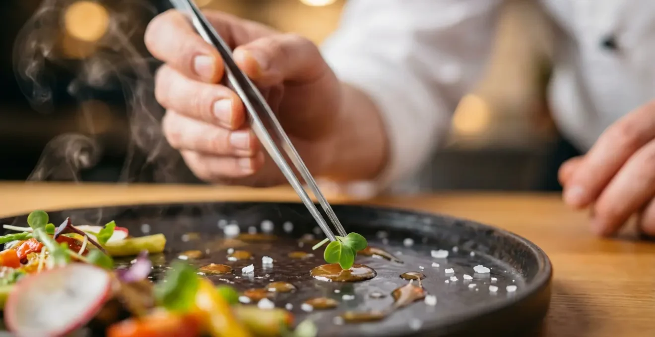 Chef préparant minutieusement un plat personnalisé dans une cuisine de restaurant étoilé