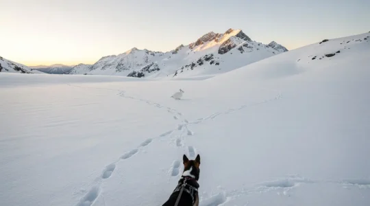 Chien en laisse dans un paysage de montagne enneigé avec traces d'animaux sauvages visibles dans la neige