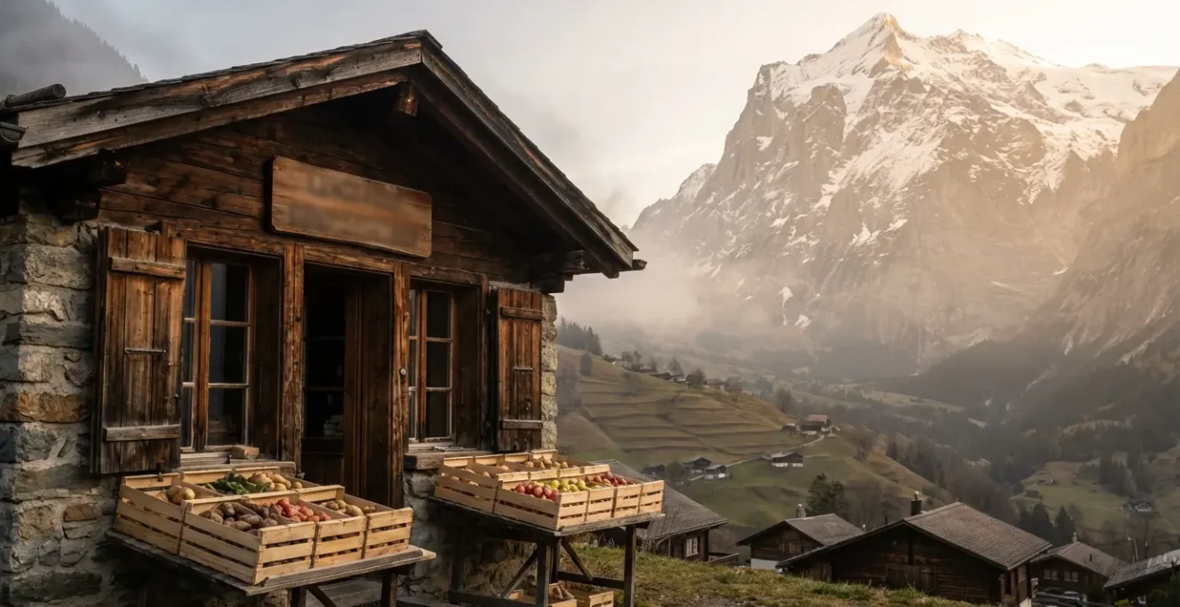Petit commerce traditionnel de montagne avec façade en bois et pierre dans une vallée alpine française