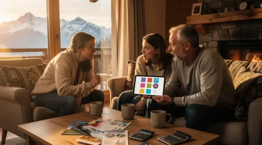 Famille comparant des offres d'hébergement sur tablette dans un salon chaleureux avec vue sur les montagnes