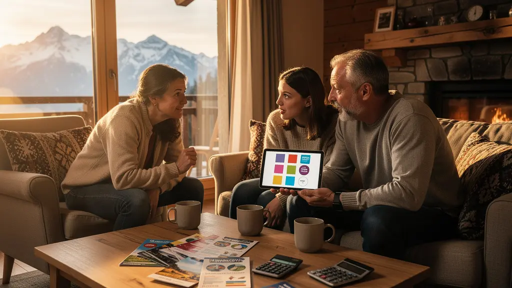 Famille comparant des offres d'hébergement sur tablette dans un salon chaleureux avec vue sur les montagnes