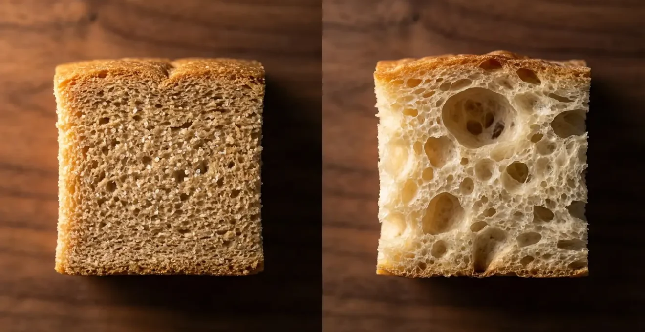 Vue macro de la structure du pain rassis versus pain frais pour la fondue
