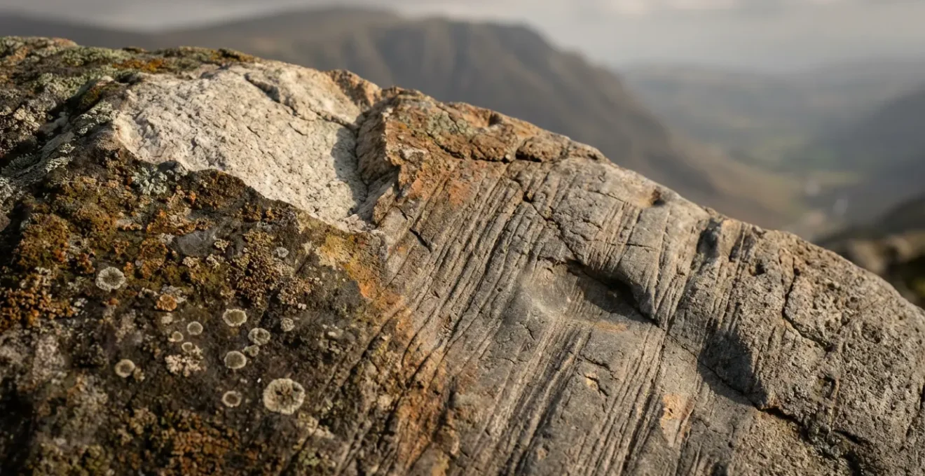 Montagne alpine montrant les traces visibles du recul glaciaire avec moraines et roches polies