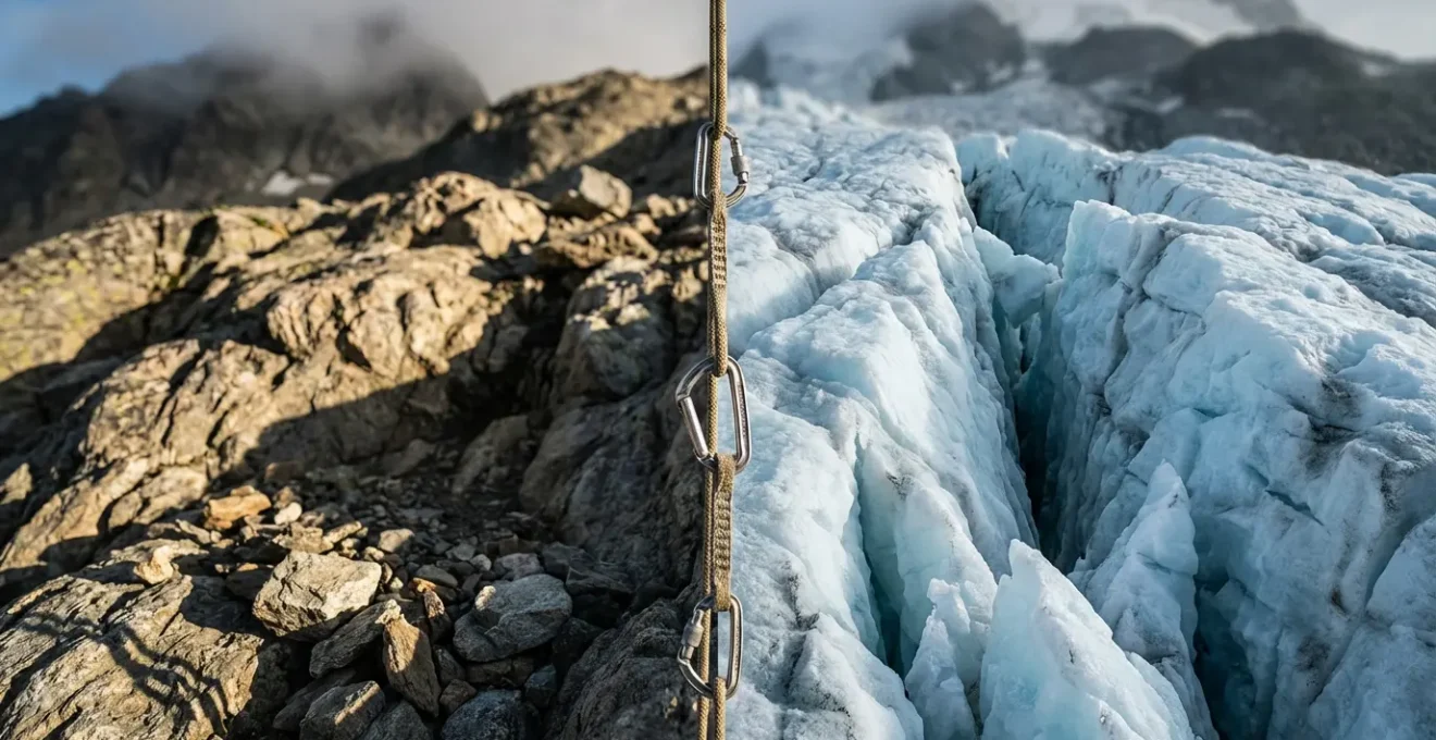 Vue aérienne comparative des deux voies d'ascension du Mont Blanc avec leurs points de danger respectifs