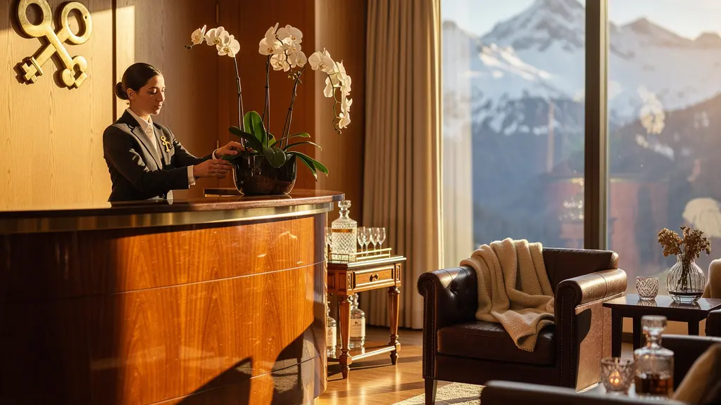 Vue intérieure d'un hall de palace alpin avec concierge en uniforme et clés d'or