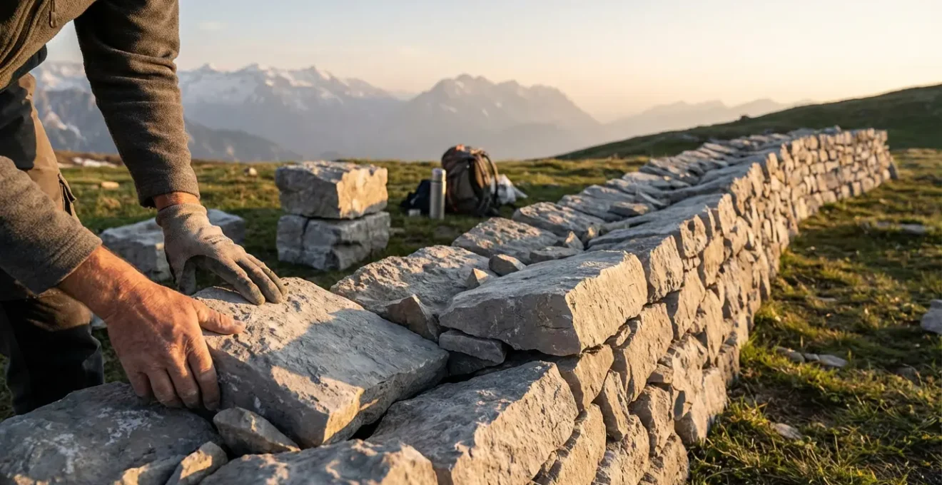 Vue rapprochée d'un mur en pierre sèche dans un paysage de montagne, mains d'artisan plaçant une pierre