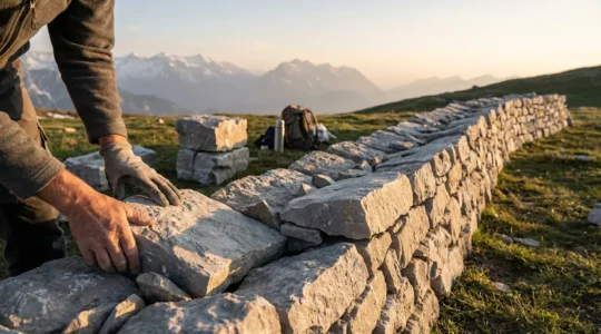 Vue rapprochée d'un mur en pierre sèche dans un paysage de montagne, mains d'artisan plaçant une pierre
