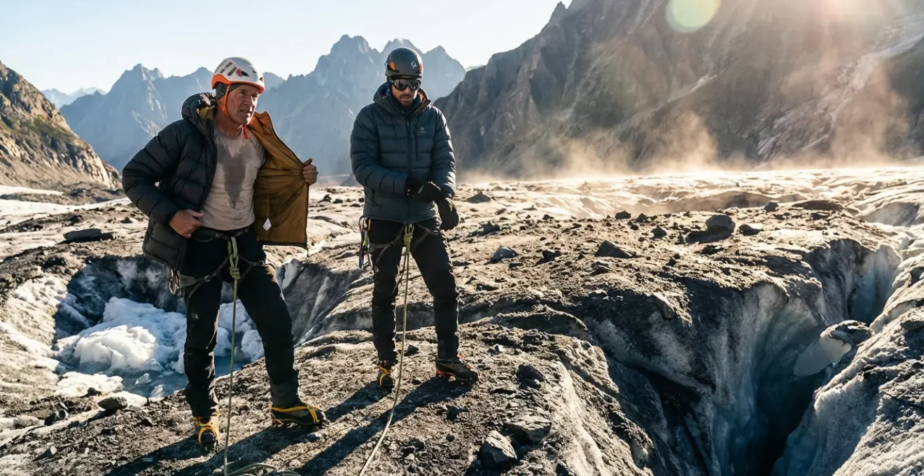 Randonneurs équipés sur glacier ensoleillé montrant le paradoxe thermique estival