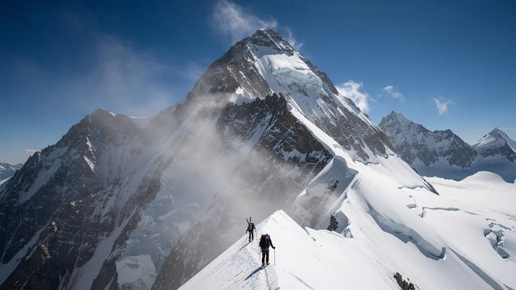 Cordée progressant sur l'arête des Bosses au Mont-Blanc