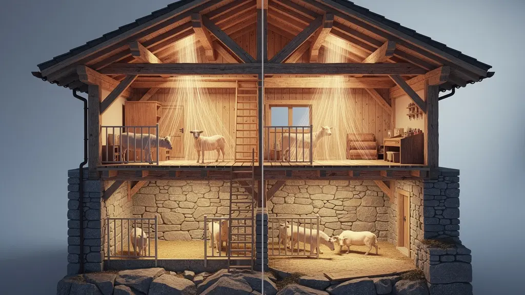 Coupe architecturale montrant le système de chauffage par l'étable dans une ferme traditionnelle