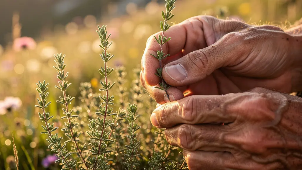 Mains cueillant délicatement des herbes sauvages dans un pré alpin au lever du soleil