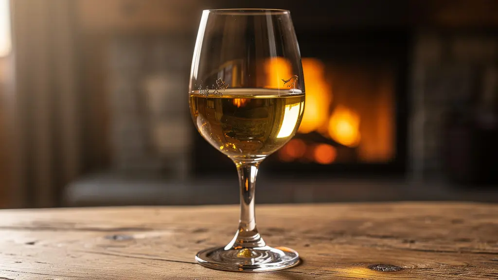 Verre tulipe de Génépi doré posé sur une table en bois avec vue floue sur les montagnes