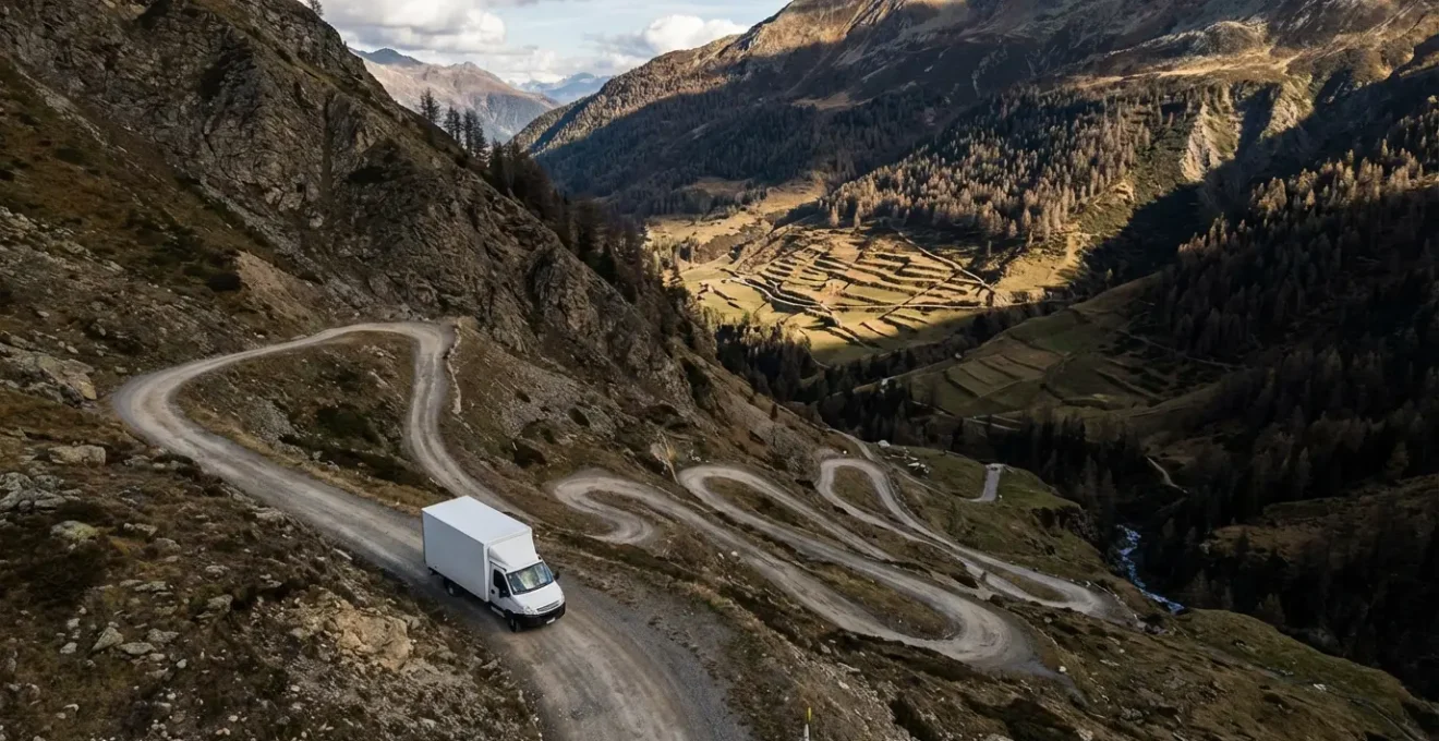 Camion de livraison sur route sinueuse de montagne avec vallée en arrière-plan