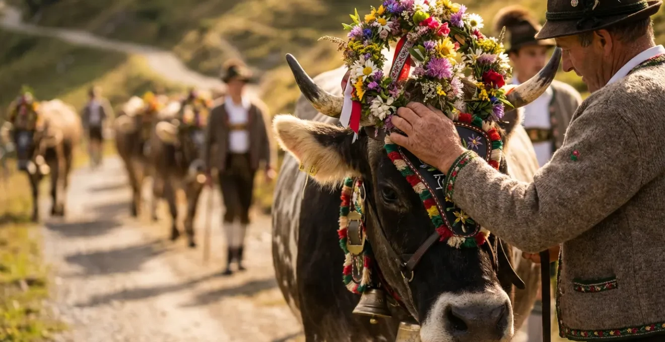 Vaches décorées de fleurs lors de la descente des alpages avec la reine du troupeau en tête