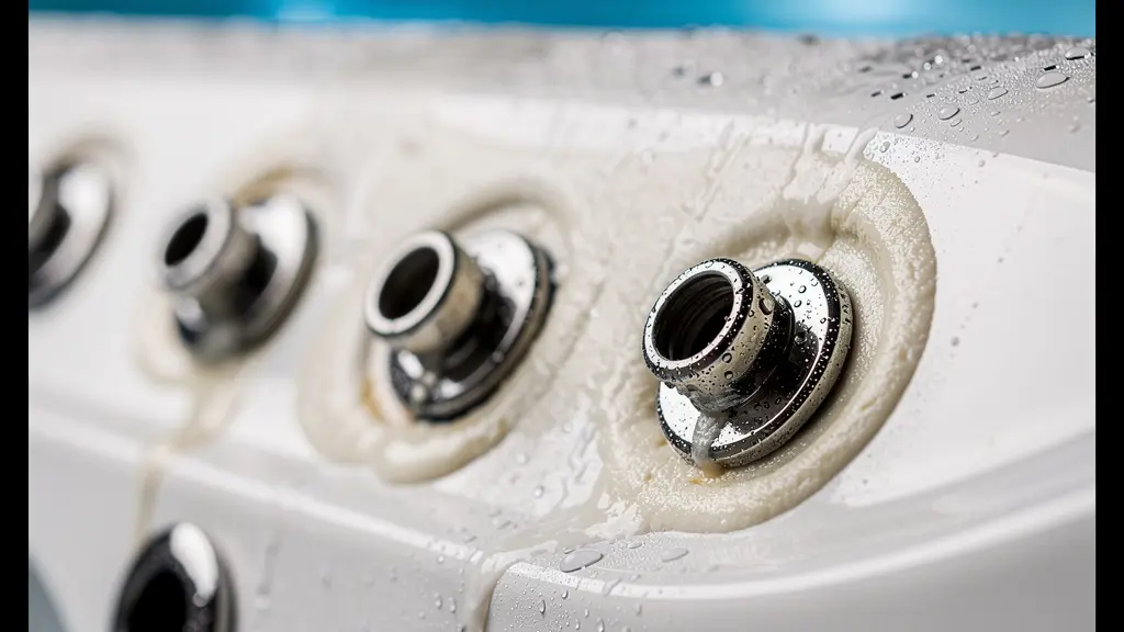 Gros plan macro sur les jets et surfaces d'un jacuzzi montrant les détails d'usure