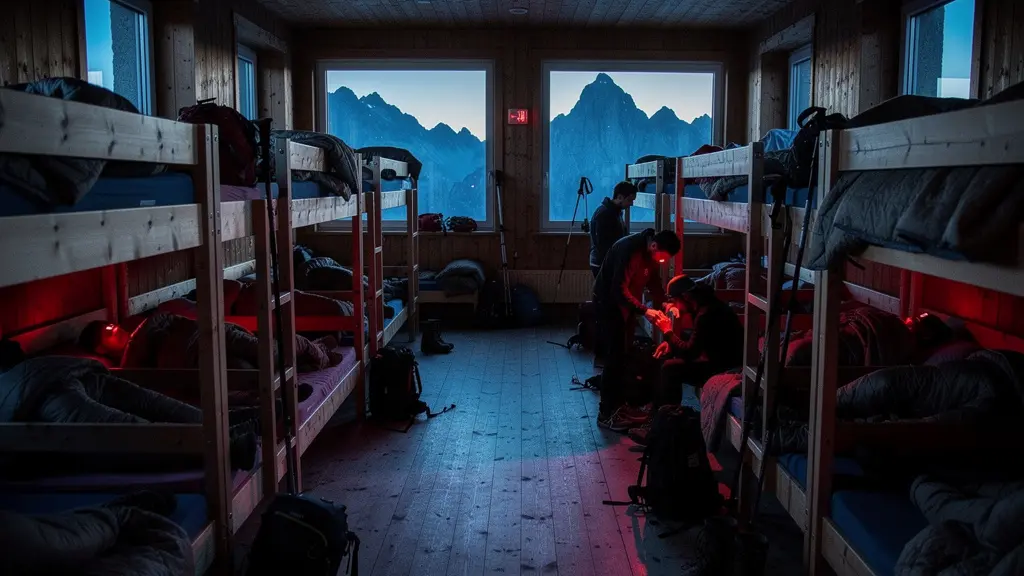 Dortoir de refuge de montagne dans la pénombre de l'aube avec randonneurs préparant discrètement leur départ