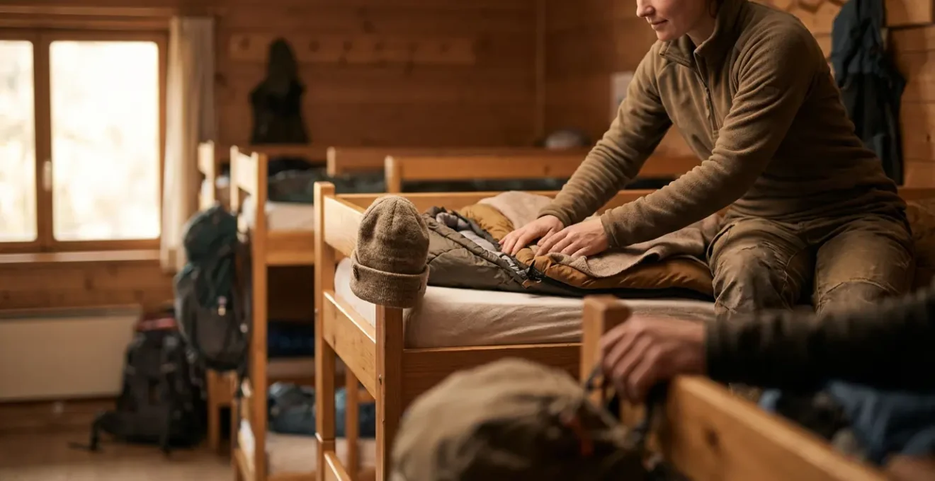 Vue minimaliste d'un dortoir de refuge de montagne avec lumière douce du soir