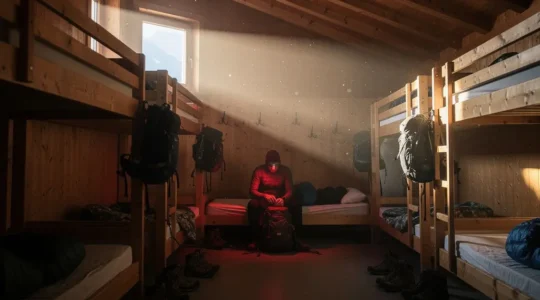 Randonneur préparant son sac dans un dortoir de refuge avec lumière tamisée