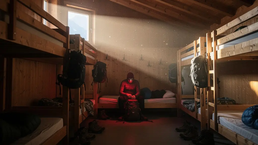 Randonneur préparant son sac dans un dortoir de refuge avec lumière tamisée
