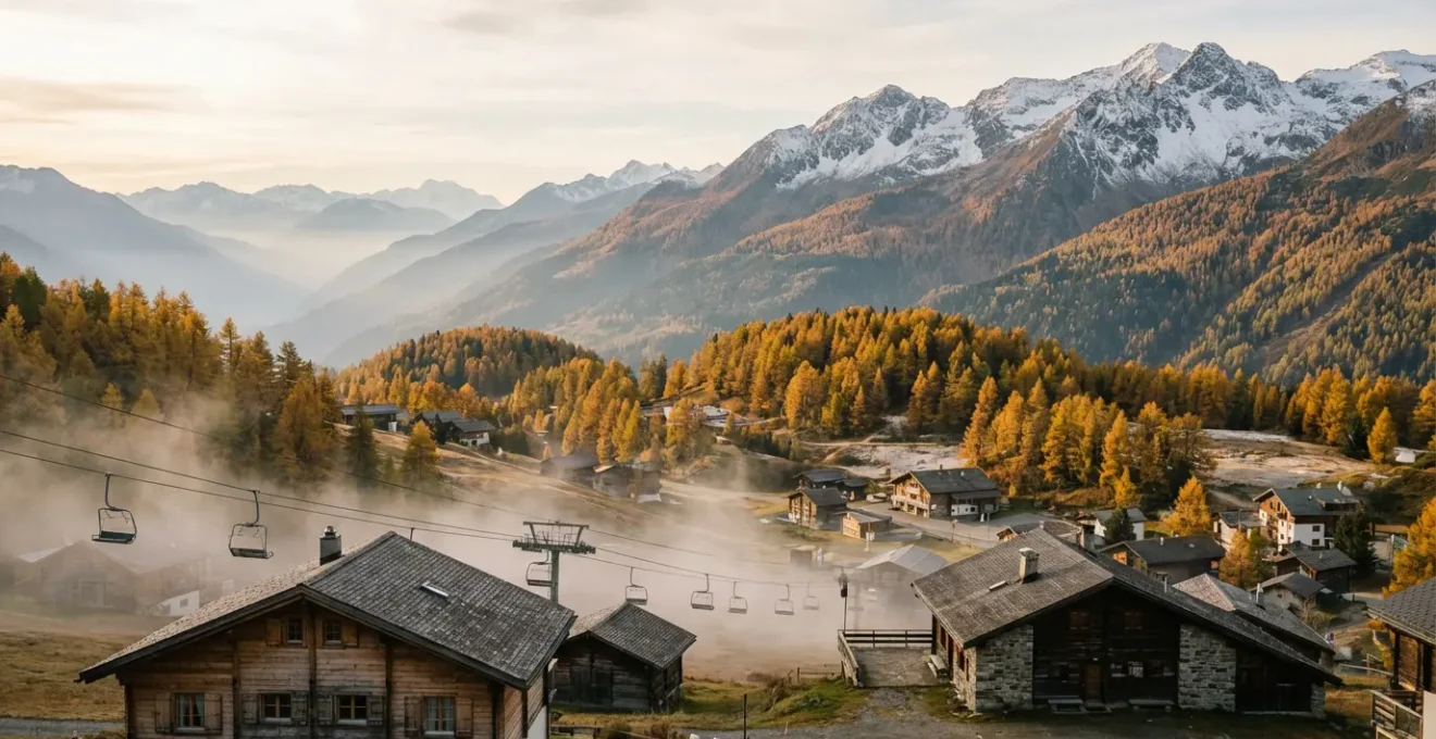 Vue panoramique d'une station de montagne en intersaison avec mélèzes dorés et premiers flocons