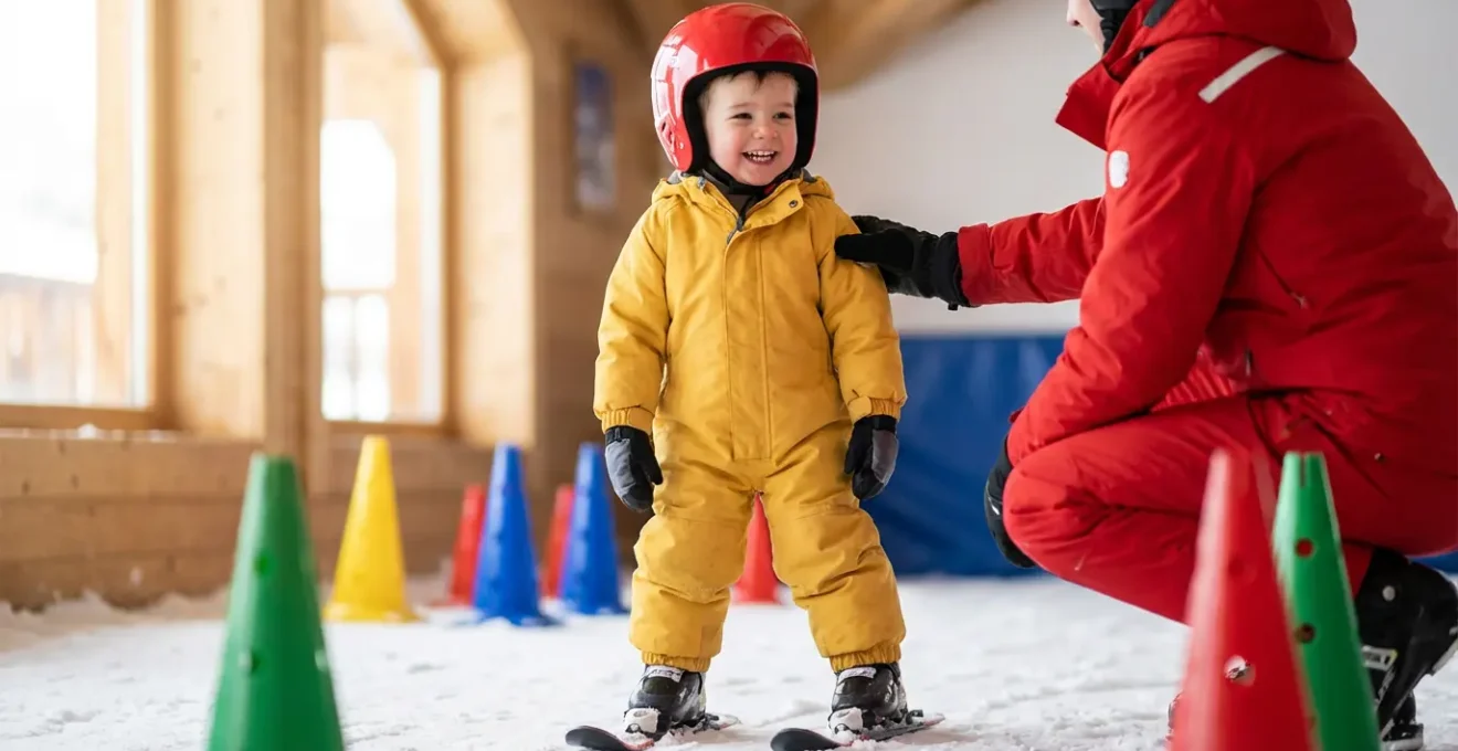 Enfant de 3 ans dans le jardin des neiges avec moniteur ESF souriant