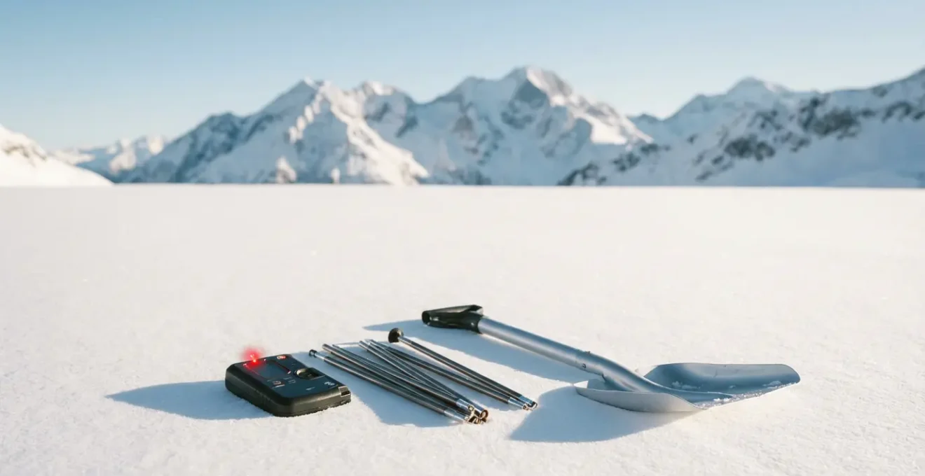 Équipement de sécurité avalanche disposé sur la neige avec montagne en arrière-plan