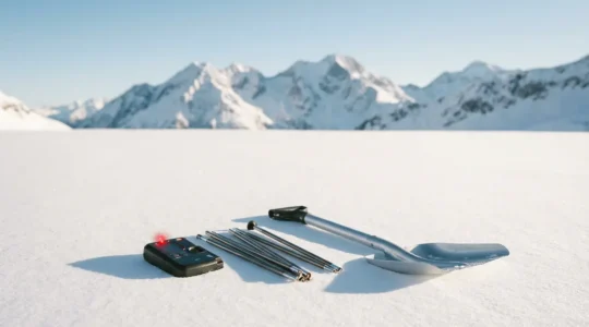 Équipement de sécurité avalanche disposé sur la neige avec montagne en arrière-plan