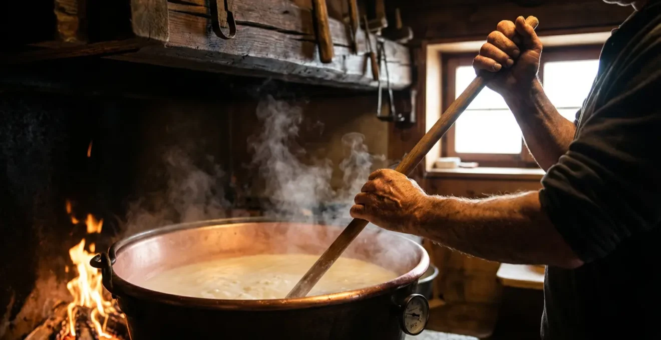 Fabrication traditionnelle du fromage dans un chaudron en cuivre au feu de bois