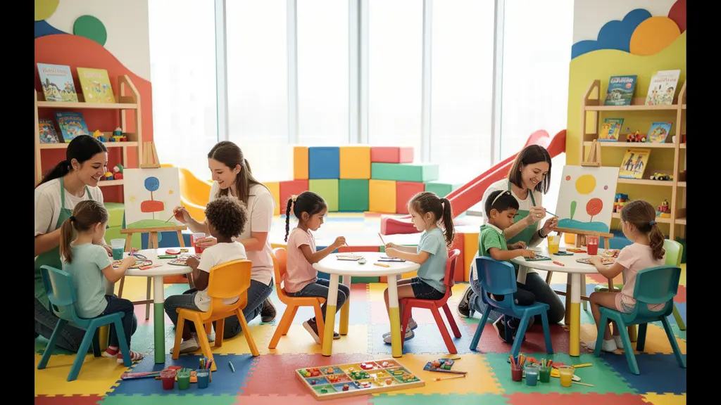 Espace club enfants coloré et sécurisé dans un établissement familial avec animateurs professionnels