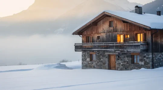 Architecture traditionnelle de ferme montagnarde avec étable et vaches sous l'habitation