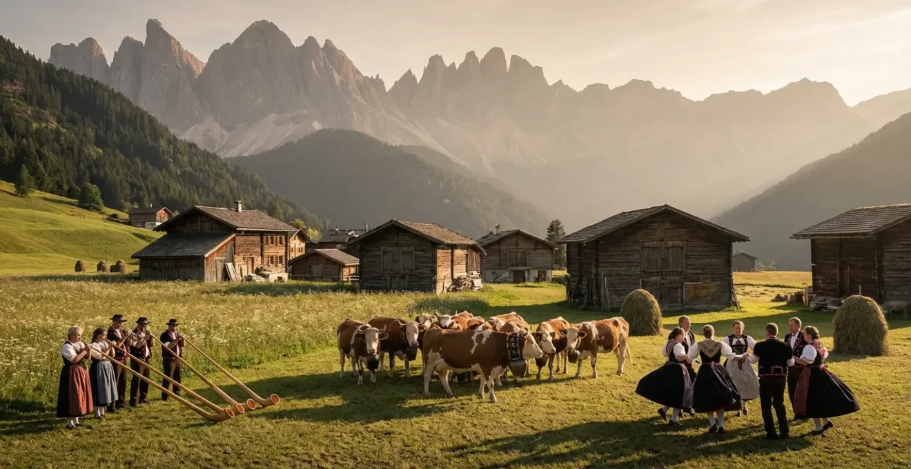 Vue panoramique d'un festival alpin traditionnel avec costumes folkloriques et cor des Alpes dans un décor de sommets enneigés