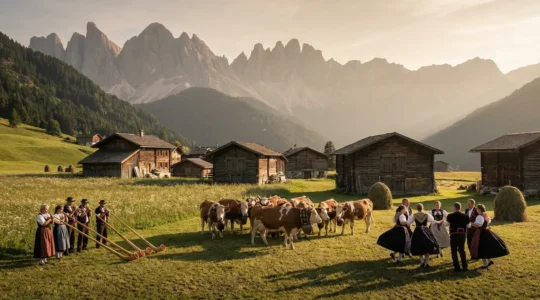 Vue panoramique d'un festival alpin traditionnel avec costumes folkloriques et cor des Alpes dans un décor de sommets enneigés