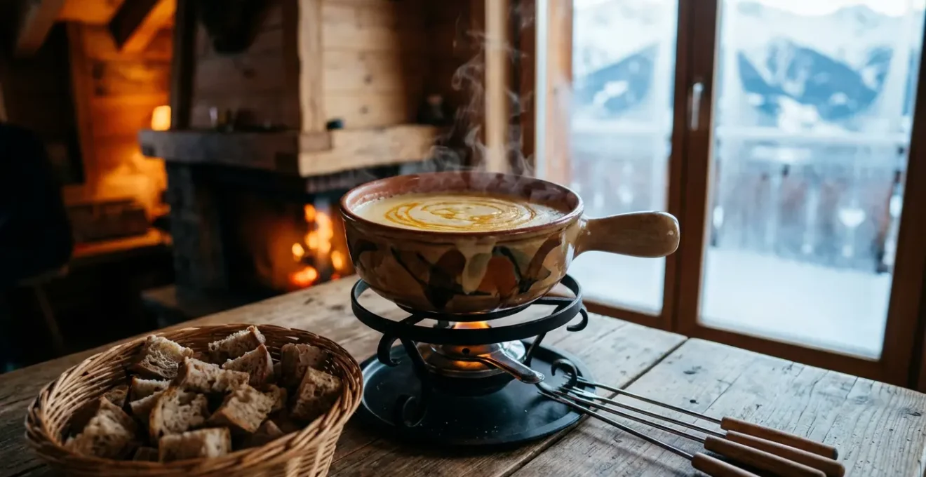 Caquelon de fondue savoyarde fumant sur réchaud traditionnel avec ambiance montagnarde